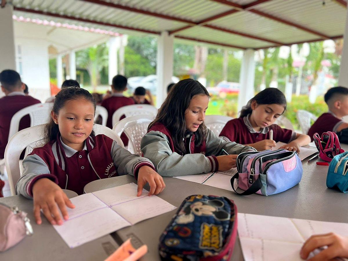 Estudiantes de primaria escribiendo en clase