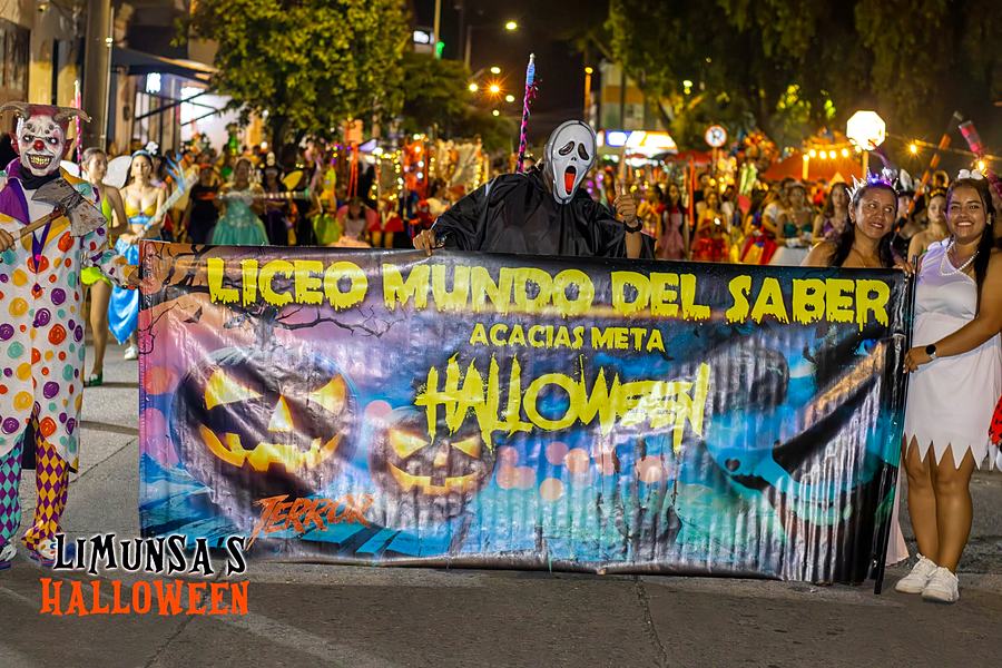 Estudiantes disfrazados con la pancarta del colegio en el desfile